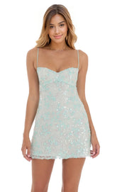 Sequin Embroidered Babydoll Dress in Seafoam